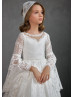 Bell Sleeves Beaded Ivory Eyelash Lace Tulle Flower Girl Dress